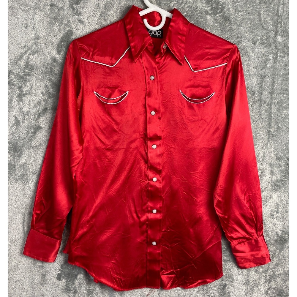 Vintage 70s GAP Shirt Women 7 Red Pearl Snap Silky Country Rodeo Western Cowgirl